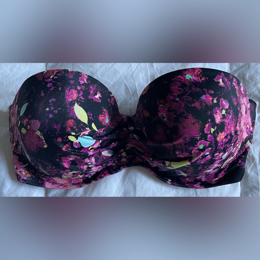 Victorias Secret Strapless Floral Bandeau Bra - Black & Magenta 32DD